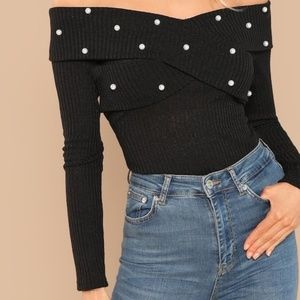 Cross Wrap Front Rib Knit Off Shoulder Tee